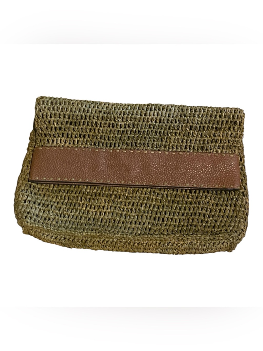 Michael Kors Woven Straw Clutch with Brown Leather Trim